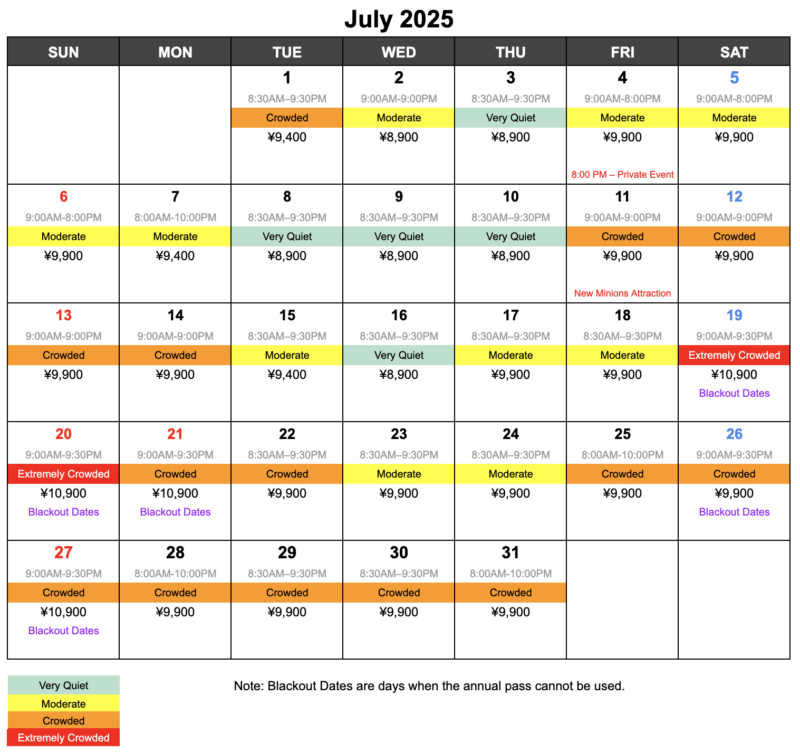 July 2025 Crowd Calendar USJ